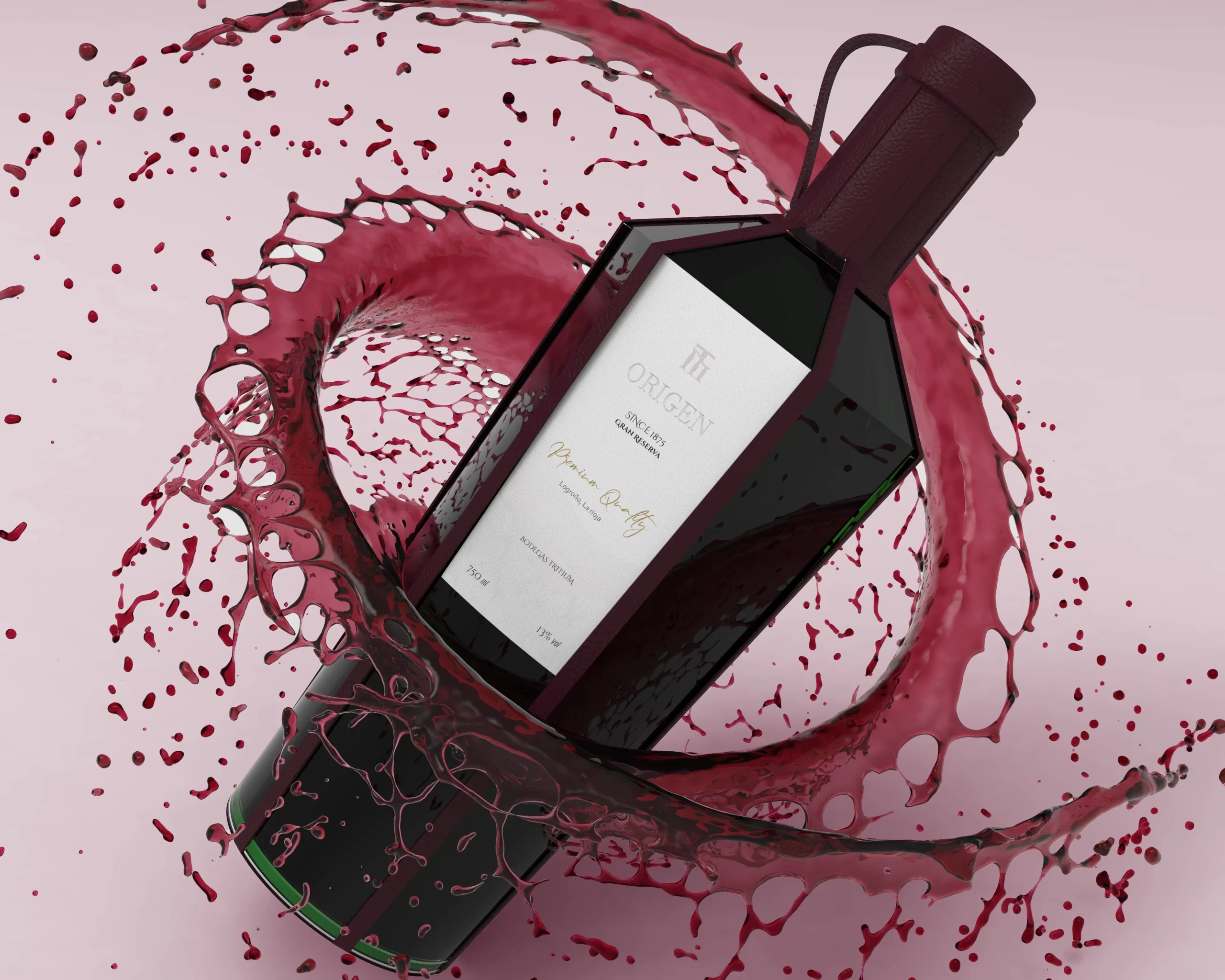 Renderizado 3D del prototipo de la botella de vino de diseño "Origen", con forma de anfora salpicada por vino | Camila Design
